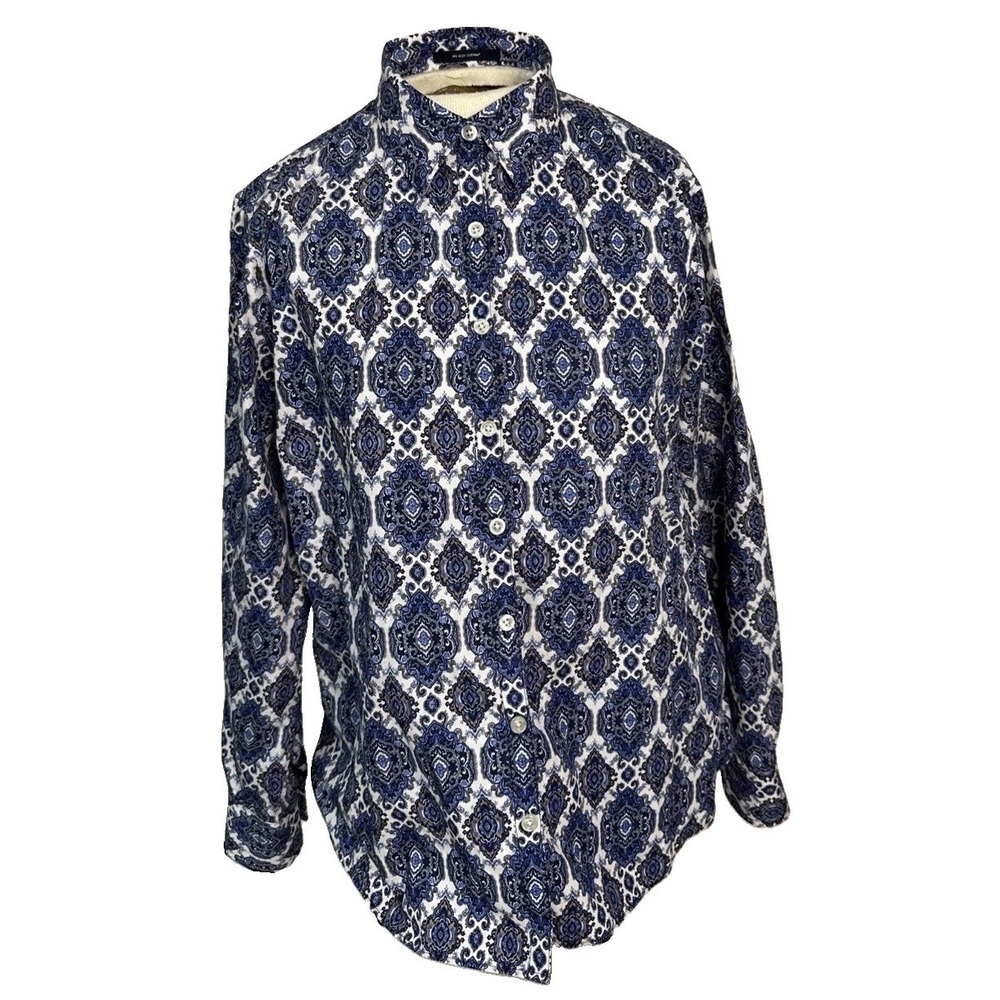 Lands's End Blouse Women's Sz 12P No-Iron Blue Paisley Medallion Supima Cotton